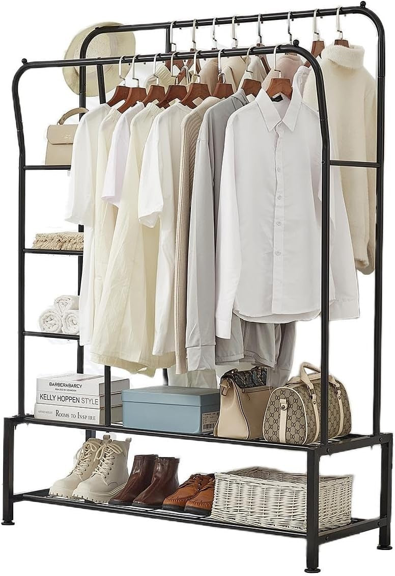 Heavy Duty Double Rail Clothes Rack with Shelves – Black