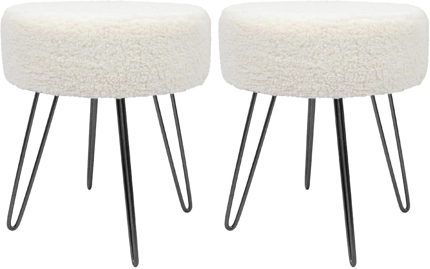 Set of 2 Cream Bouclé Footstools Black Legs Modern Round Pouffe Seats