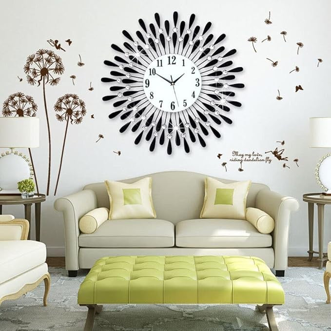60cm Diamond Sunflower Wall Clock Black Silent Modern Large Metal Decor