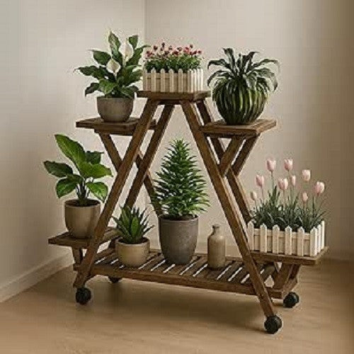 Wooden 4 Tier Plant Stand with Wheels Indoor Outdoor Flower Shelf 93x28x95cm