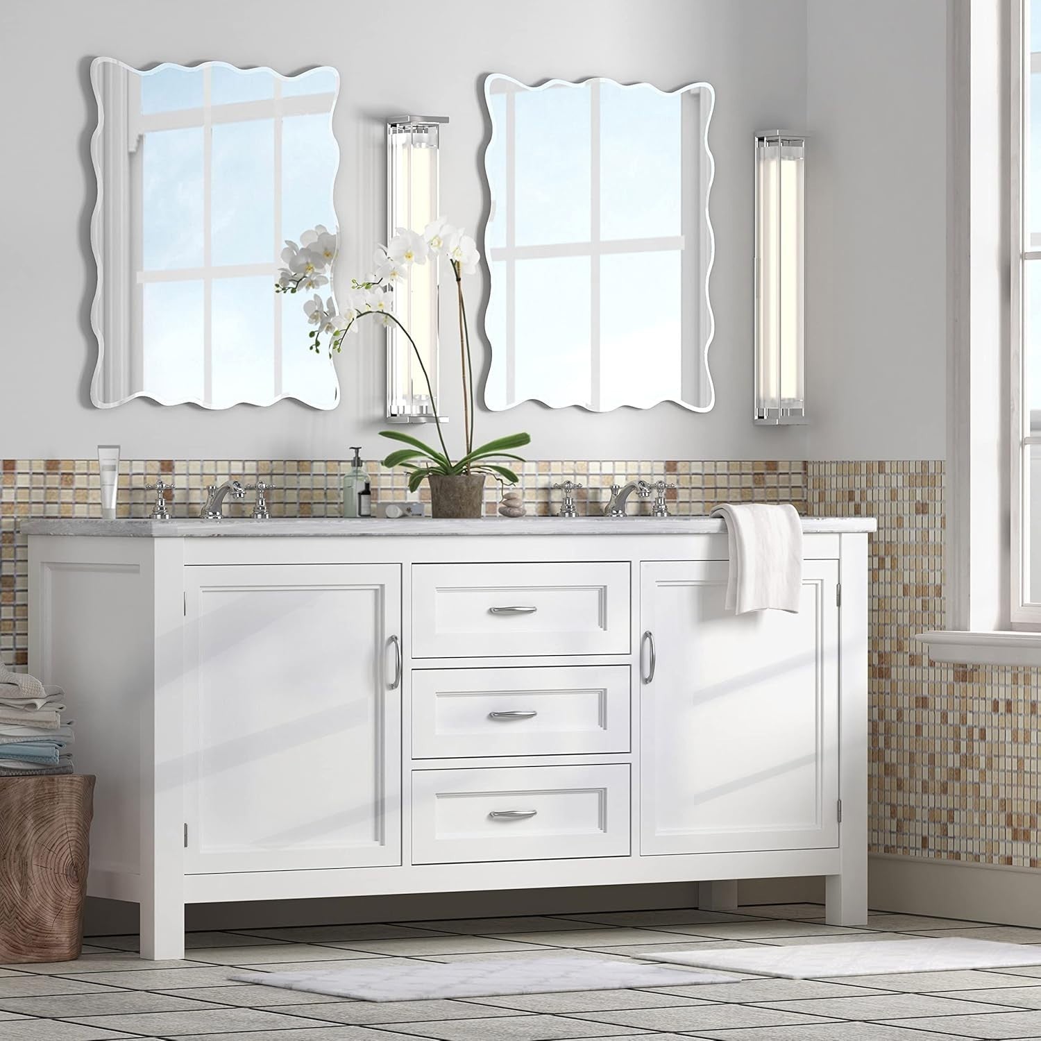Frameless Wavy Wall Mirror 45x45cm Tempered Glass Stylish Bathroom Vanity