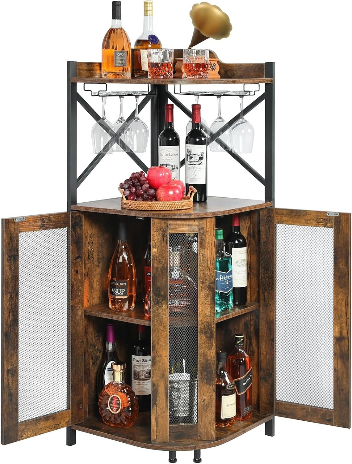Corner Bar Cabinet with Wine Bottle Rack, Glass Holder & Storage Shelves Rustic