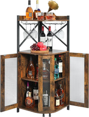 Corner Bar Cabinet with Wine Bottle Rack, Glass Holder & Storage Shelves Rustic