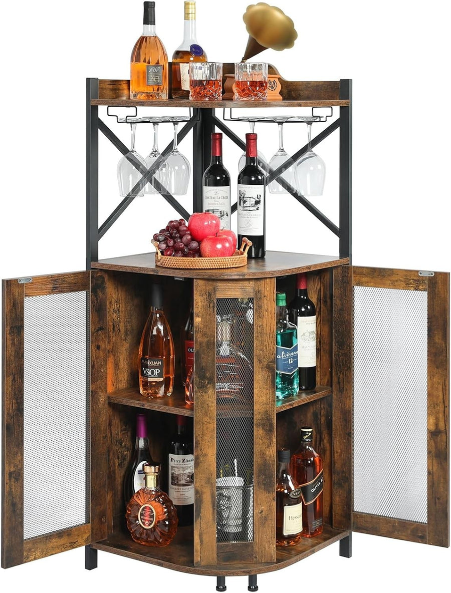 Corner Bar Cabinet with Wine Bottle Rack, Glass Holder & Storage Shelves Rustic