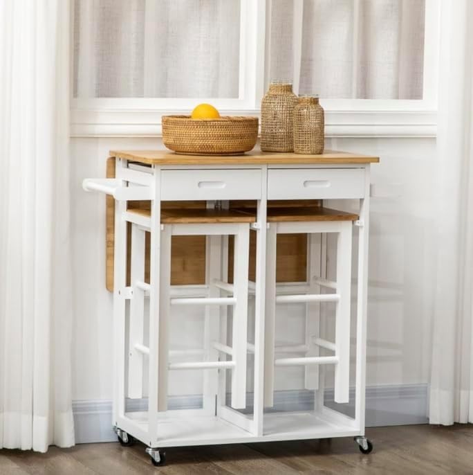 Folding Bamboo Dining Table Set with Stools White Compact Drop Leaf Cart