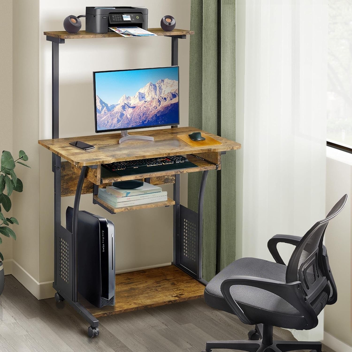 3 Tier Computer Desk with Printer Shelf Keyboard Tray Rolling Home
