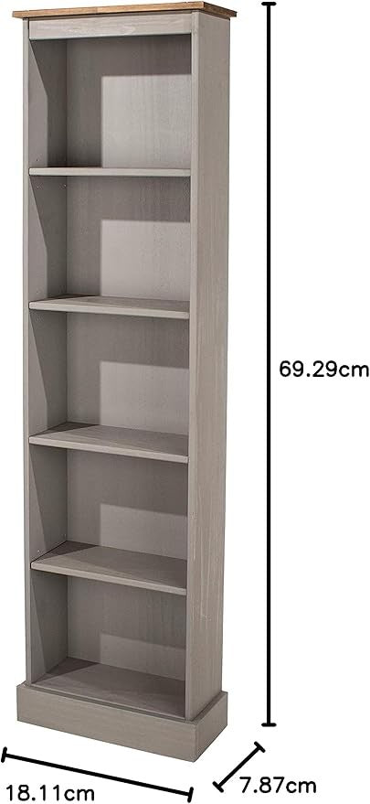 Tall Narrow 5 Tier Bookcase Grey Slim Storage Shelf Unit Modern Space Saving