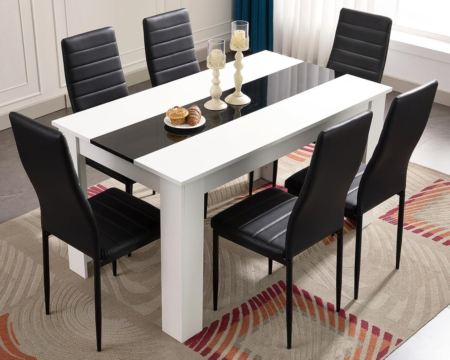Modern Dining Table Set 6 PU Leather Chairs 140x80x75cm Kitchen Dining
