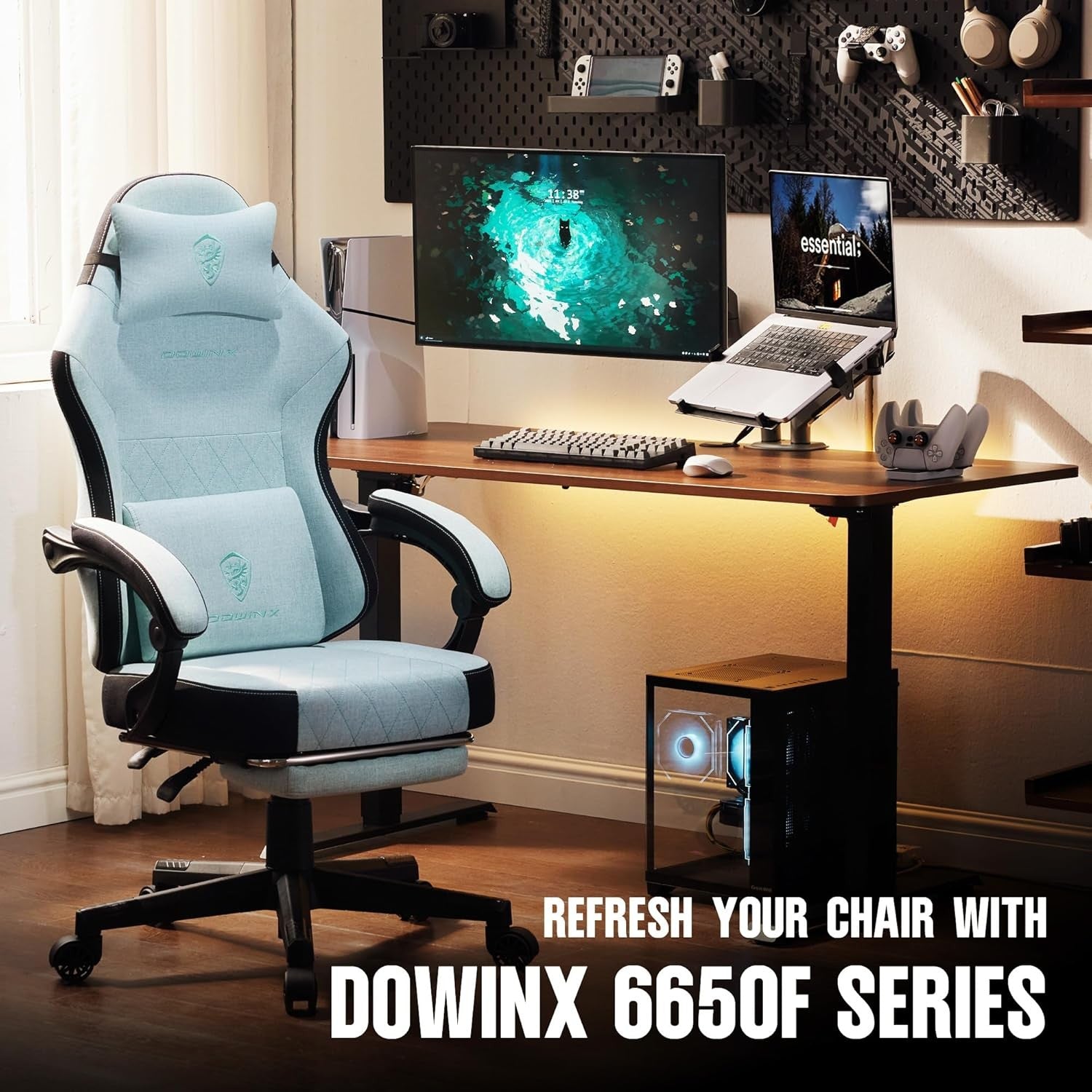 Ergonomic Gaming Chair w/ Footrest Massage Pocket Spring Aqua