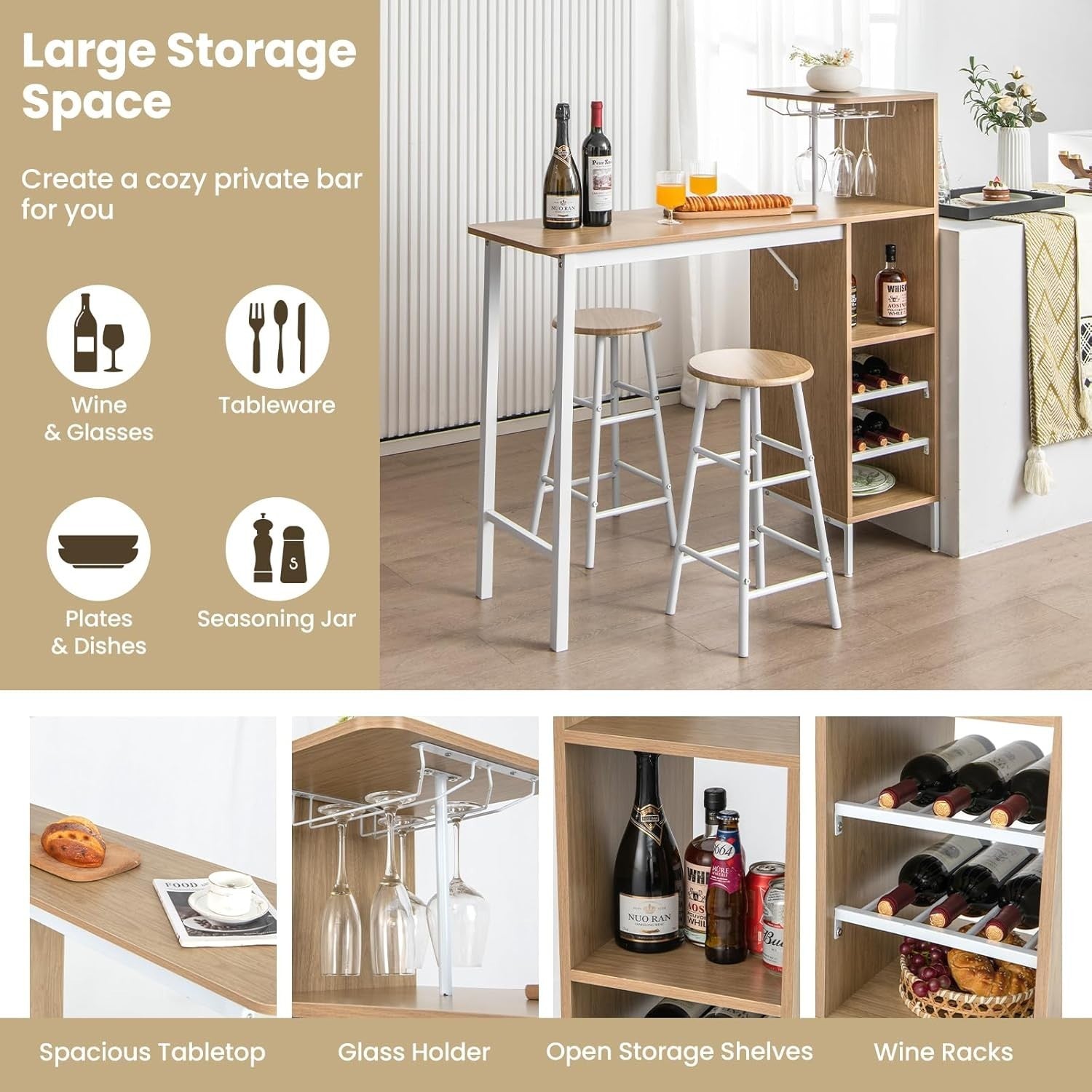 Natural Bar Table Set with Stools, Wine Rack, Shelves & Counter Dining Unit