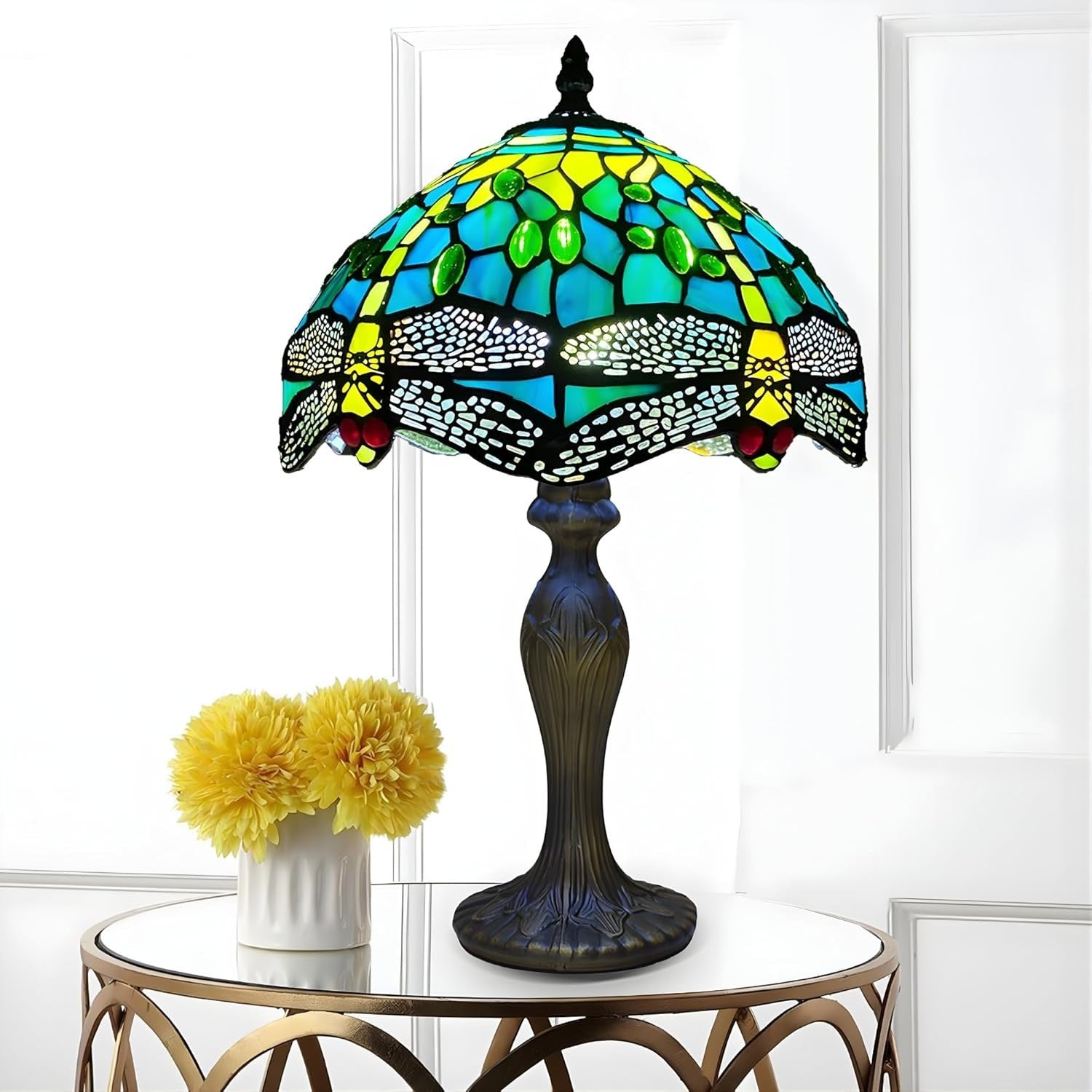 Tiffany Style Table Lamp Green Dragonfly Stained Glass 42cm E27