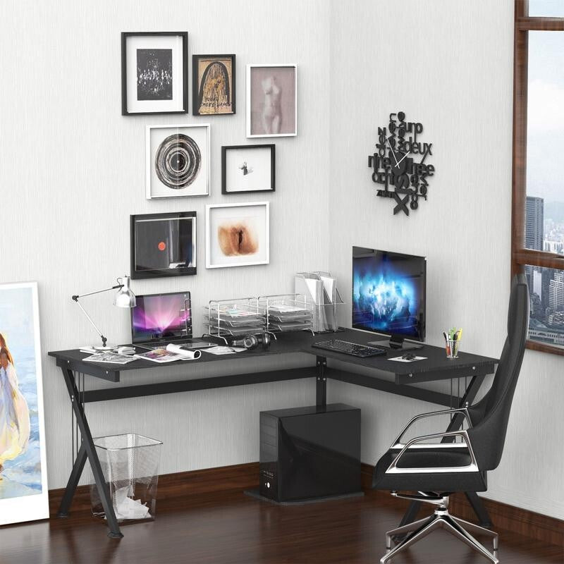 Black L-Shaped Corner Desk with CPU Stand – Gaming & Home Office Workstation