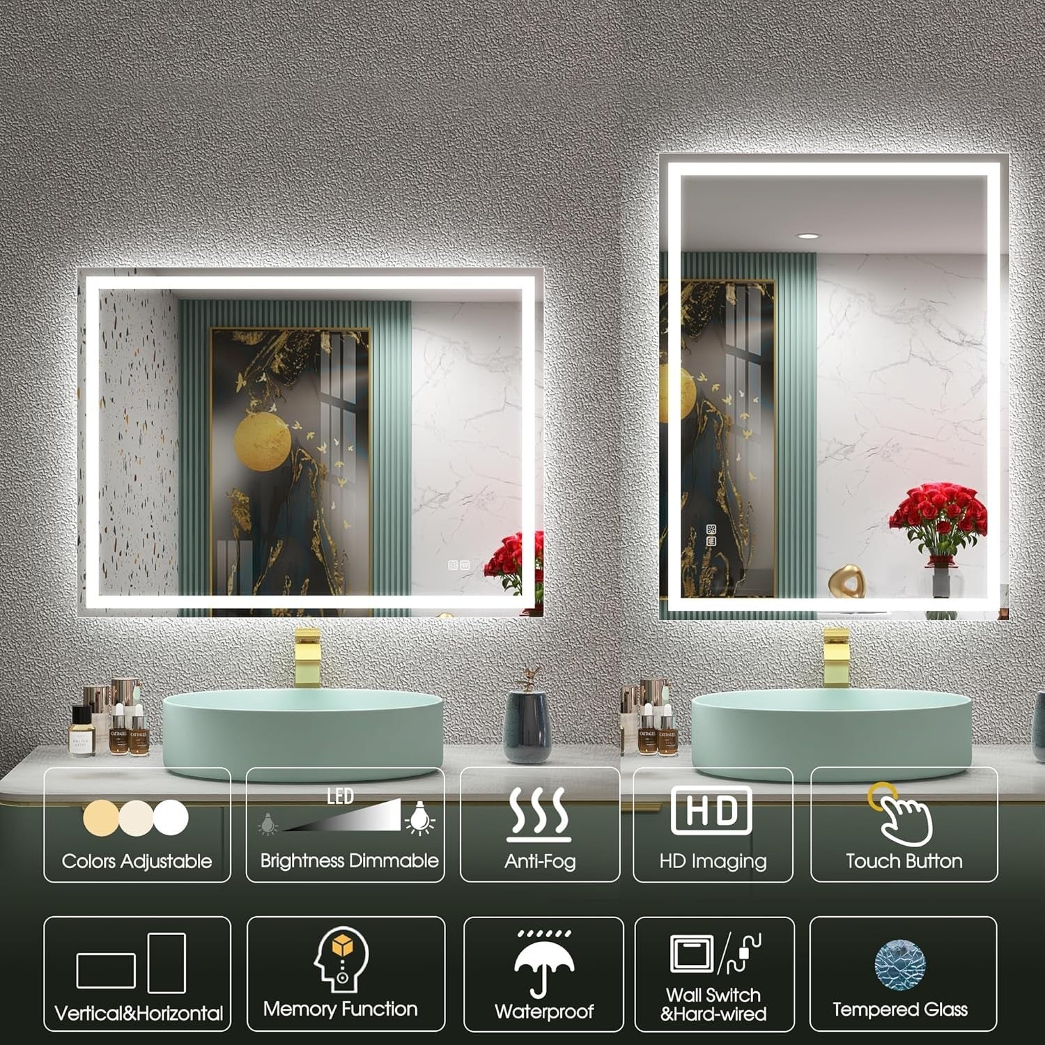 LED Bathroom Mirror 60x80 cm Anti-Fog, Dimmable Lights & Memory Function