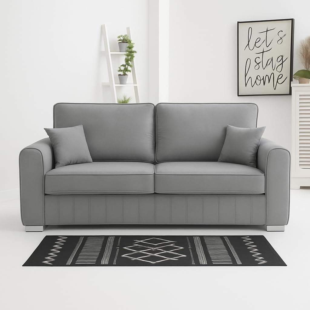 Silver Plush Velvet 3 Seater Sofa | Modern Channel Tufted | Metal Legs