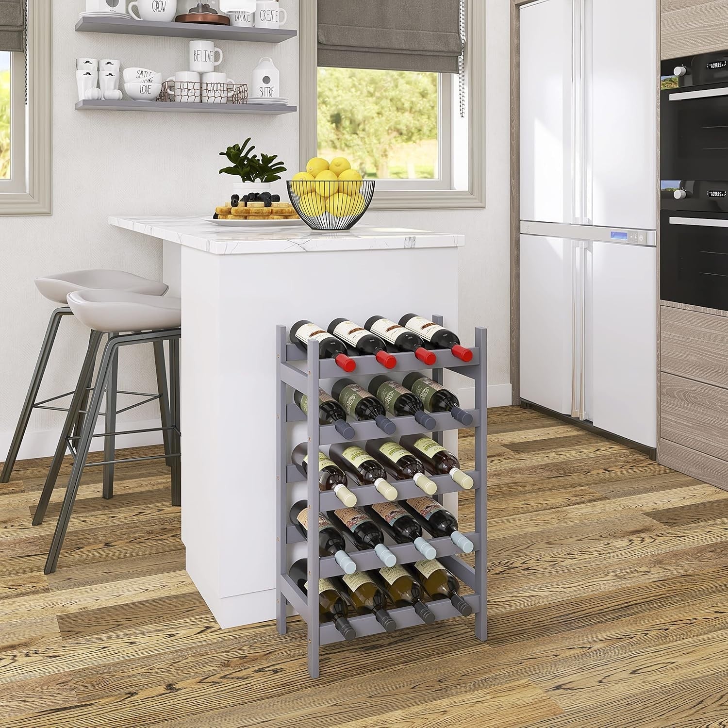 5 Tier Wooden Wine Rack 20 Bottle Free Standing Storage Shelf Grey Kitchen Bar
