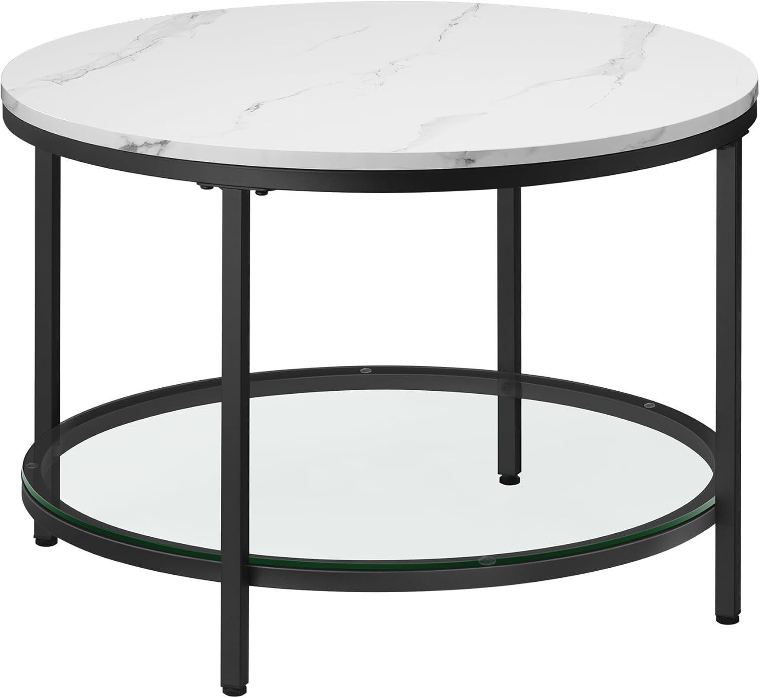 Modern Round Coffee Table with Faux Marble Top & Tempered Glass Shelf
