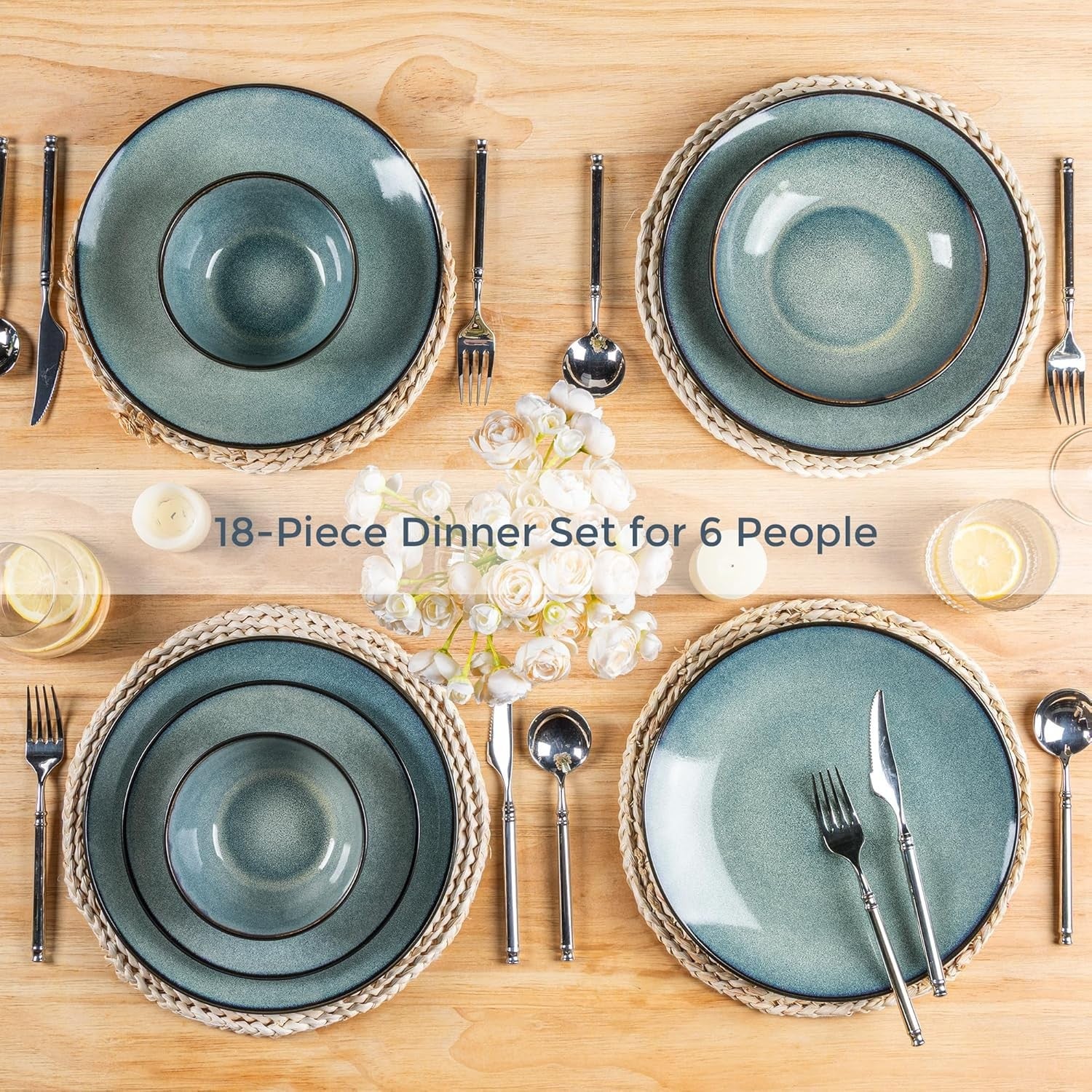12 Piece Stoneware Dinner Set Plates Bowls Scratch Resistant Dishwasher Safe