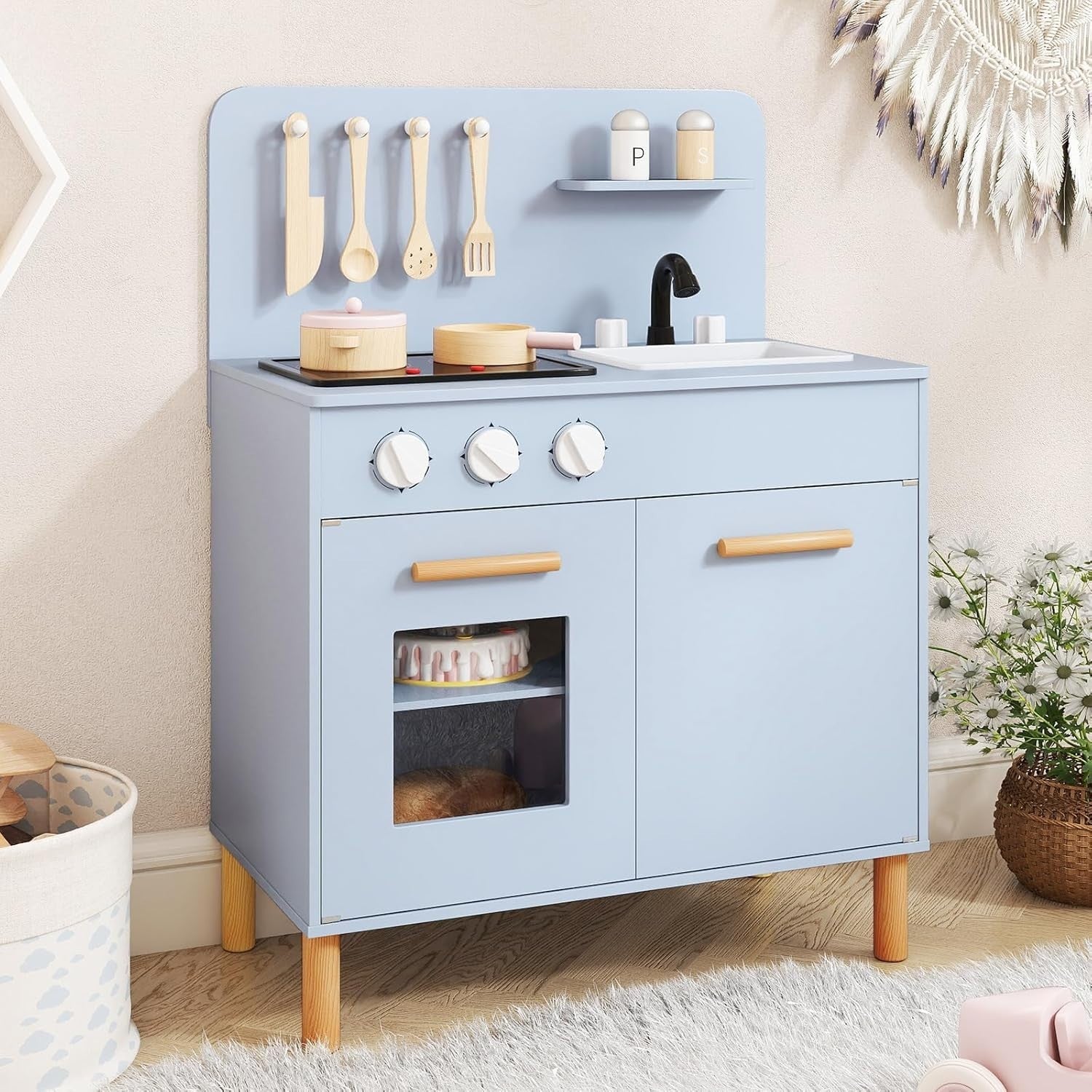 Wooden Kids Play Kitchen Blue Lights Sounds Oven Chef Toy Set