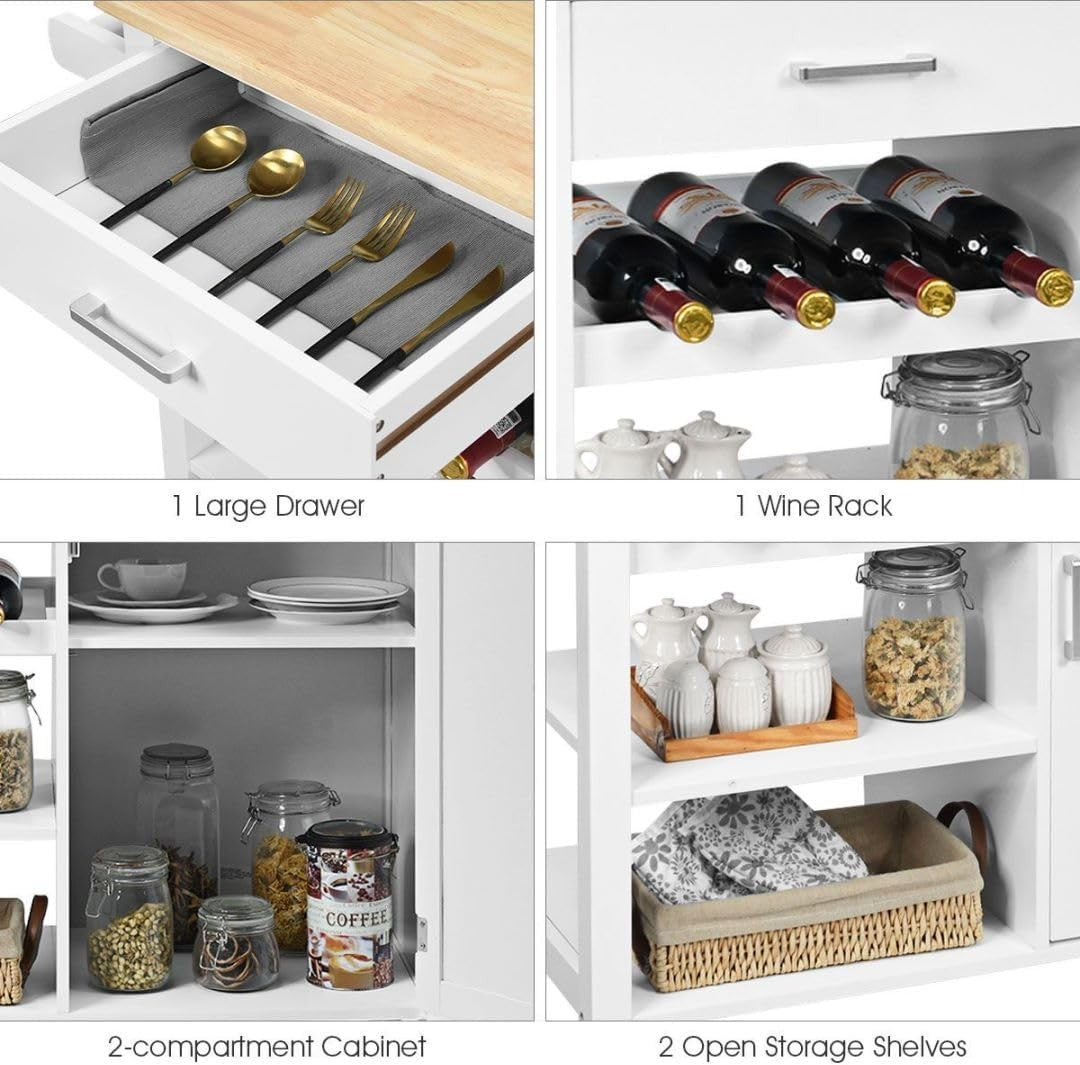 Rolling Kitchen Island Cart with Oak Countertop, Storage, Wine & Towel Rack