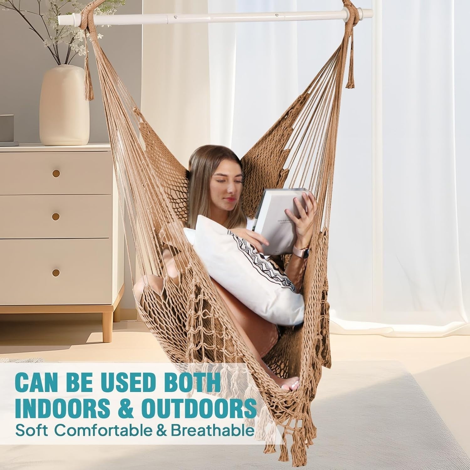 Brown Hanging Hammock Chair – Soft Cotton Mesh, Wide Seat, 120kg Max