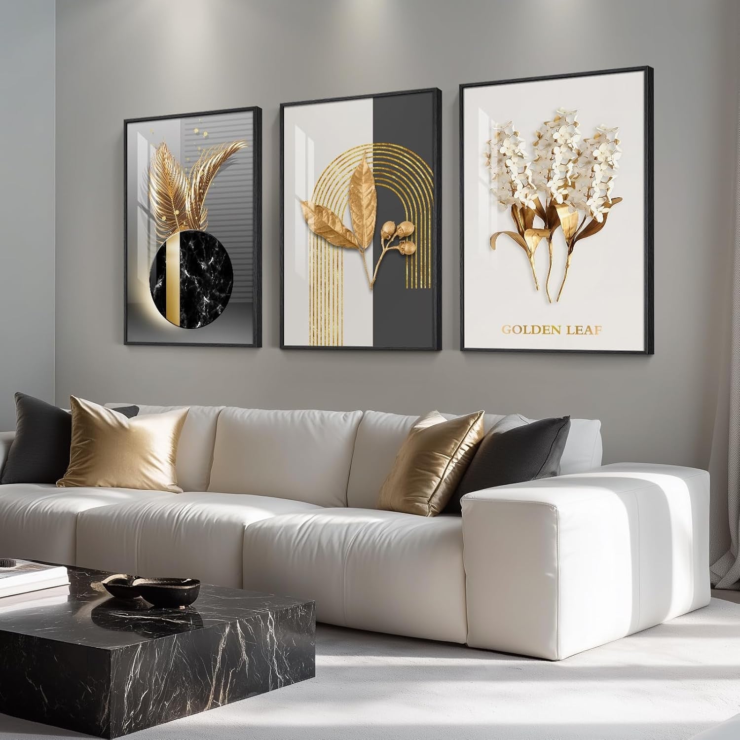 Large Black Gold Wall Art Set of 3 Framed 24x36 Luxury