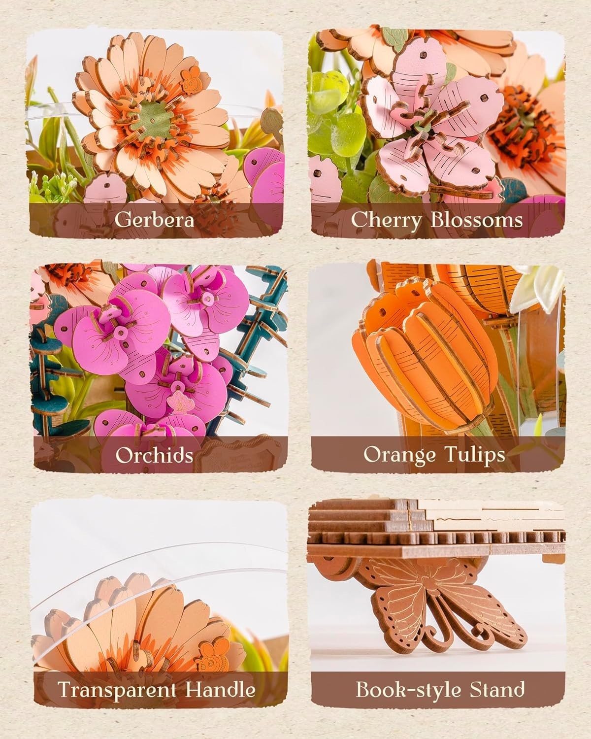 3D Wooden Flower Book Puzzle DIY Bouquet Model Kit Home Decor Gift