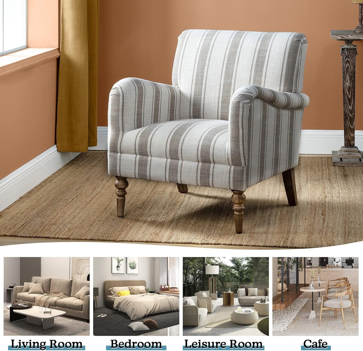 Set of 2 Striped Upholstered Armchair with Wooden Legs for Lounge or Bedroom Tan