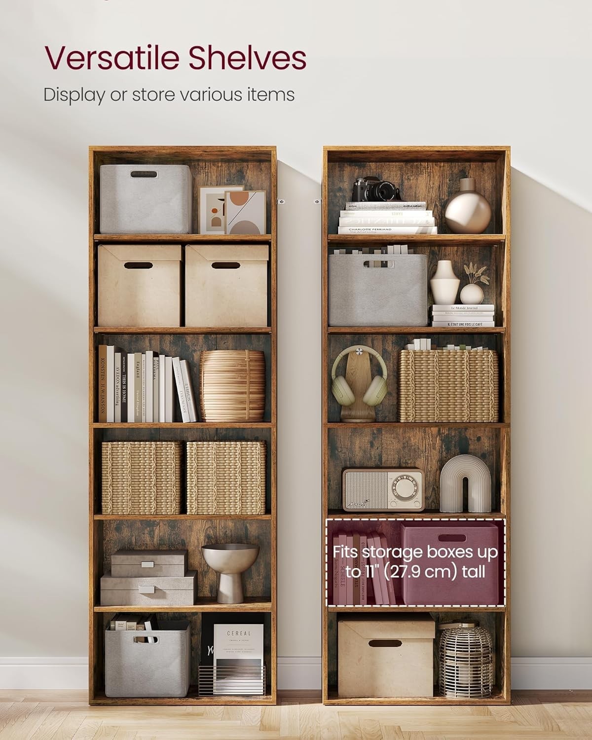 6 Tier Rustic Wooden Bookcase Tall Storage Display Book Shelf for Living Room