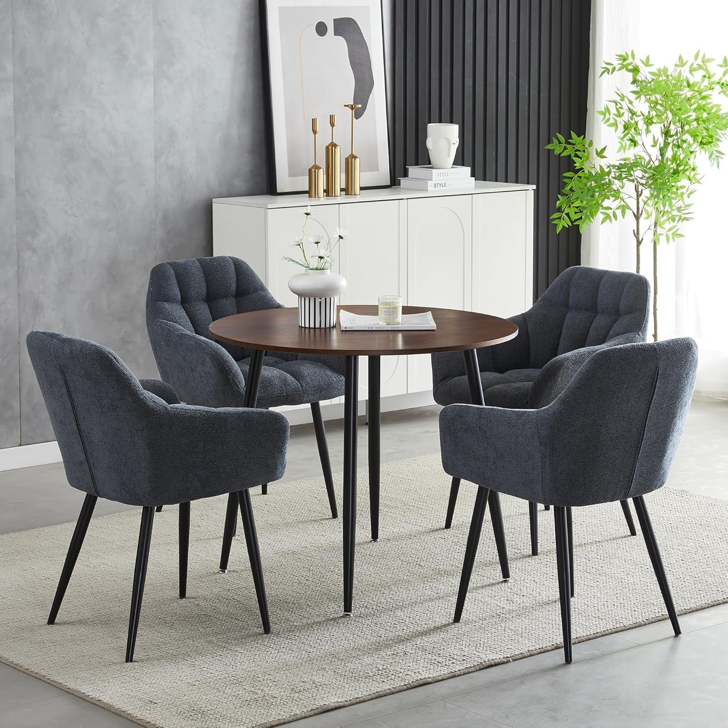 Grey Round Dining Table Set w/ 4 Chairs – Walnut Effect Space-Saving 5-Piece Set