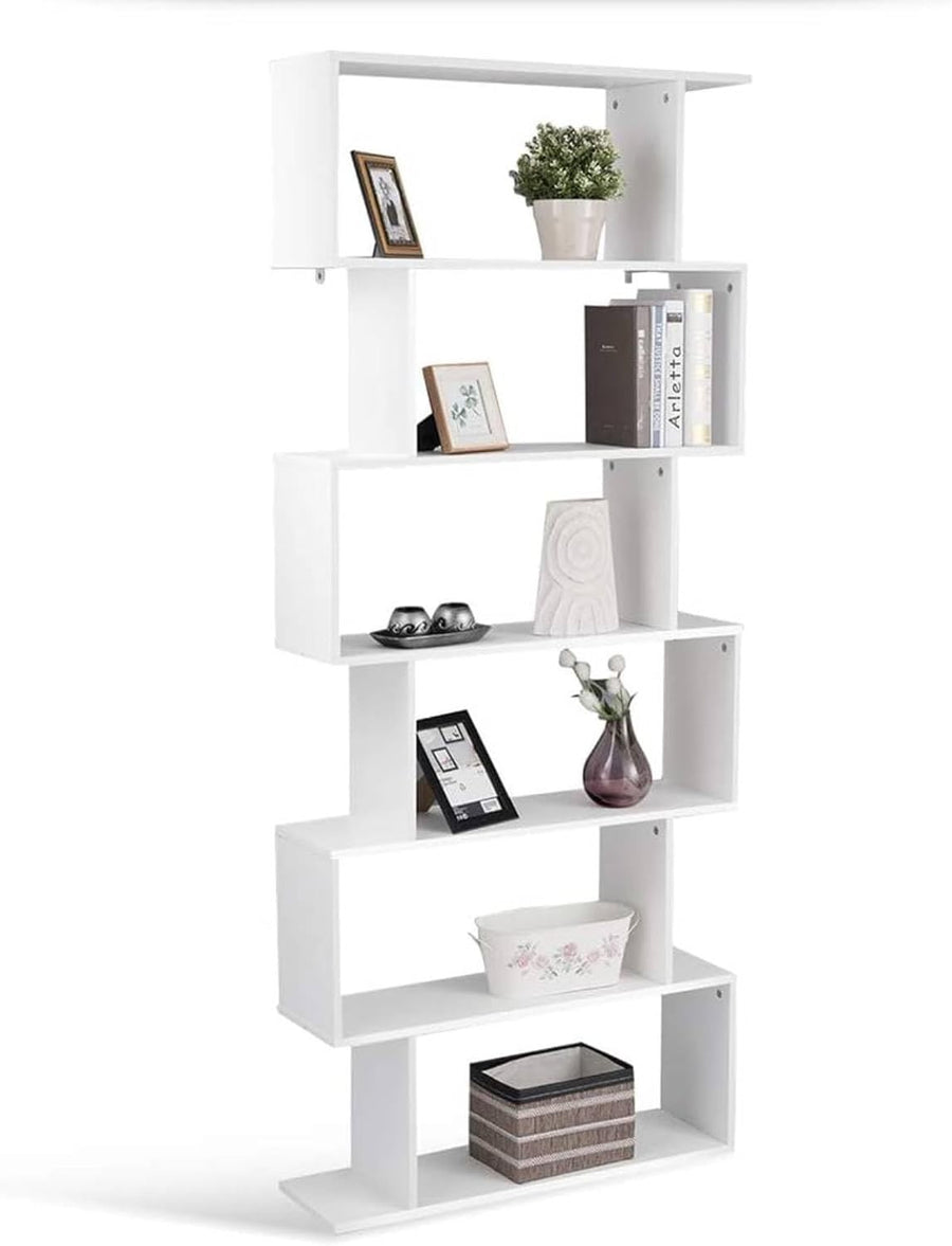 White S-Shaped 6 Tier Bookcase Tall Freestanding Storage Display Unit 80×23×192
