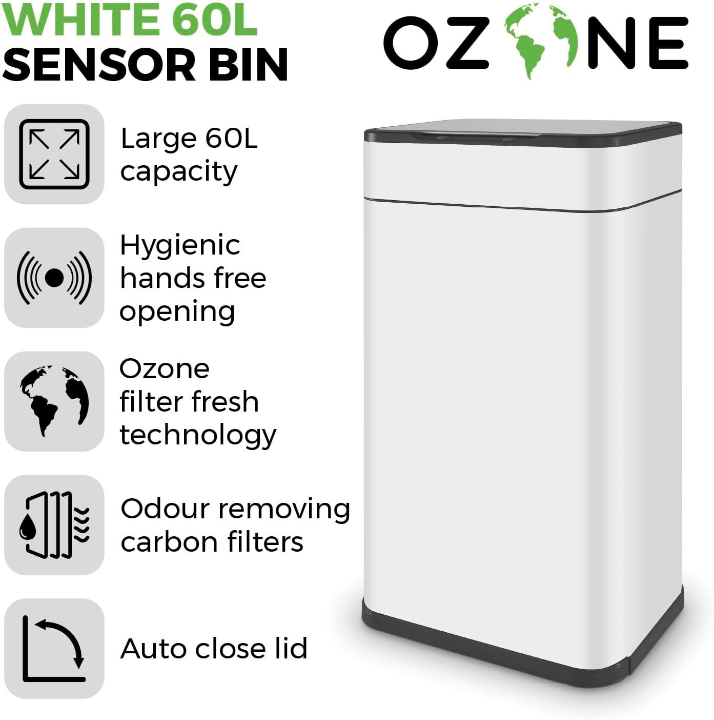 60L Touchless Kitchen Bin | Automatic Sensor Trash Can White