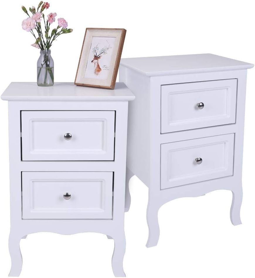 Set of 2 White Wooden Bedside Tables with 2 Drawers Bedroom Storage Units