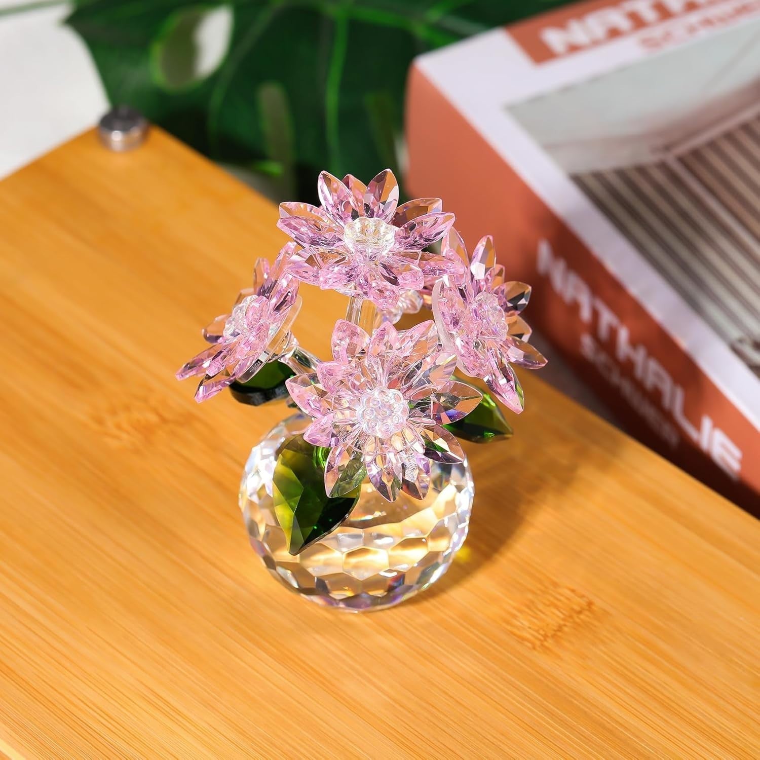 Pink Crystal Daisy Bouquet Ornament Collectible Flower Gift 10cm Paperweight