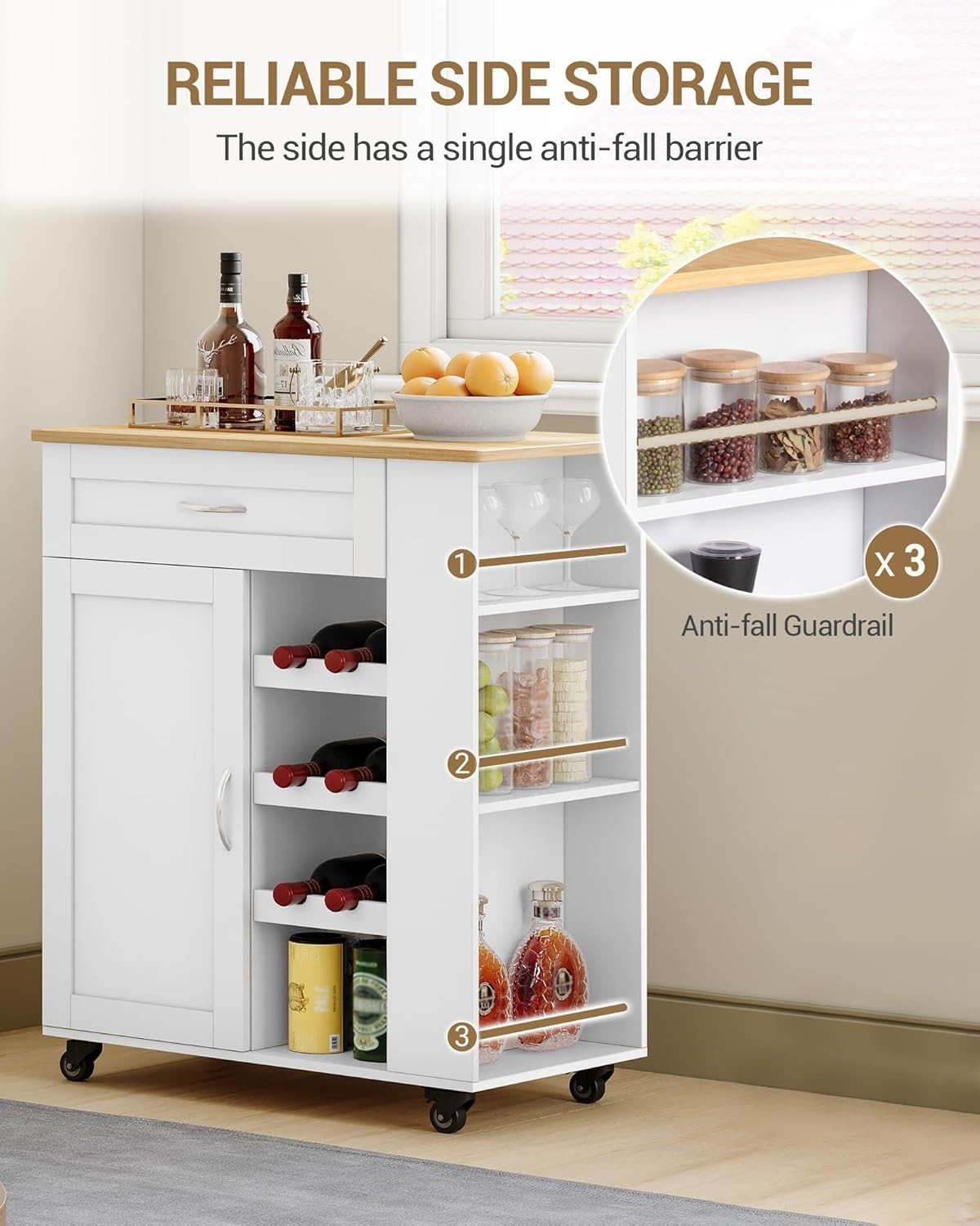 White Rolling Kitchen Island Cart Wine Rack Drawer Shelves