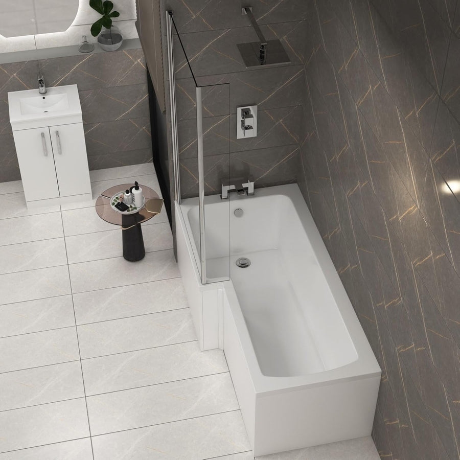 1500x850mm Left-Hand L-Shaped Shower Bath with Front & End Panels + Glass Screen