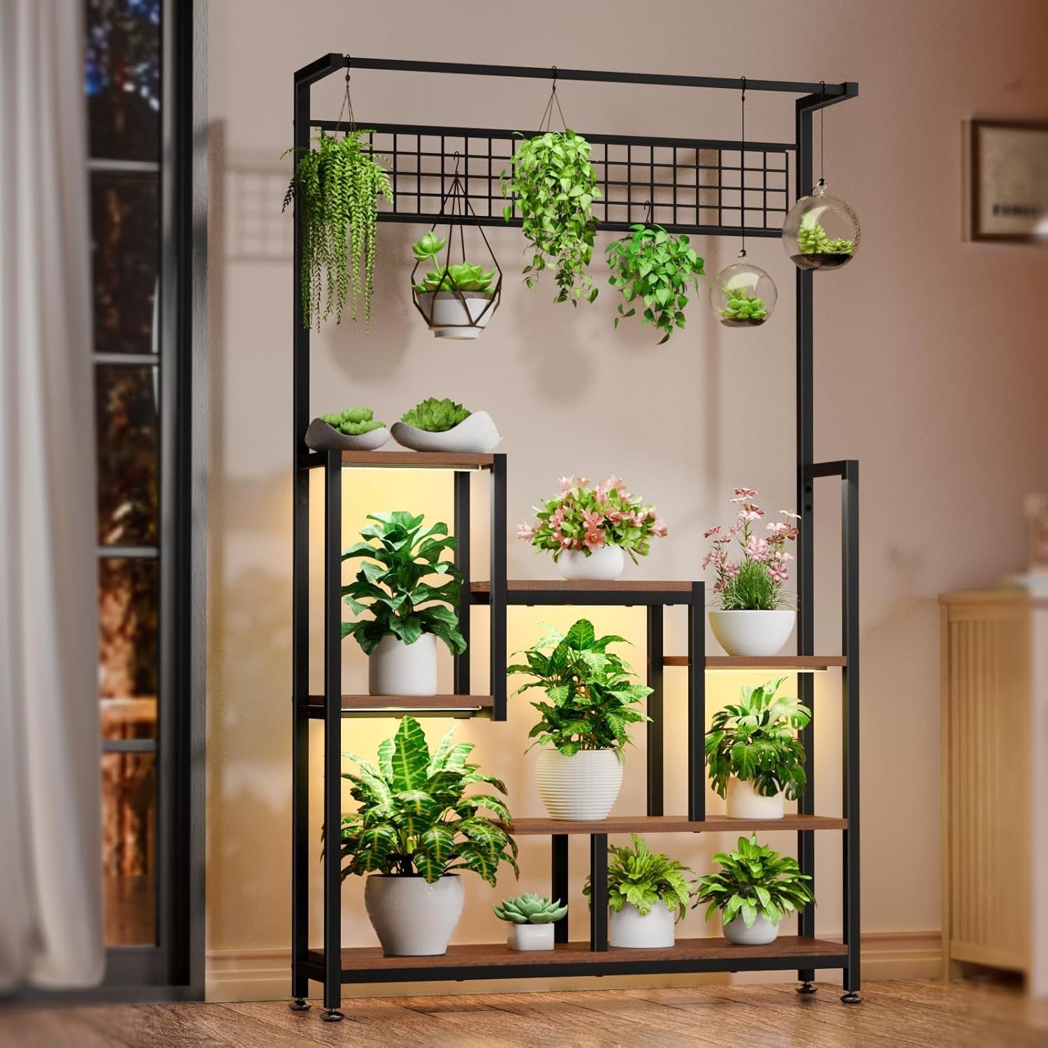 6 Tier Tall Metal Plant Stand with Grow Lights Indoor Outdoor Flower Shelf