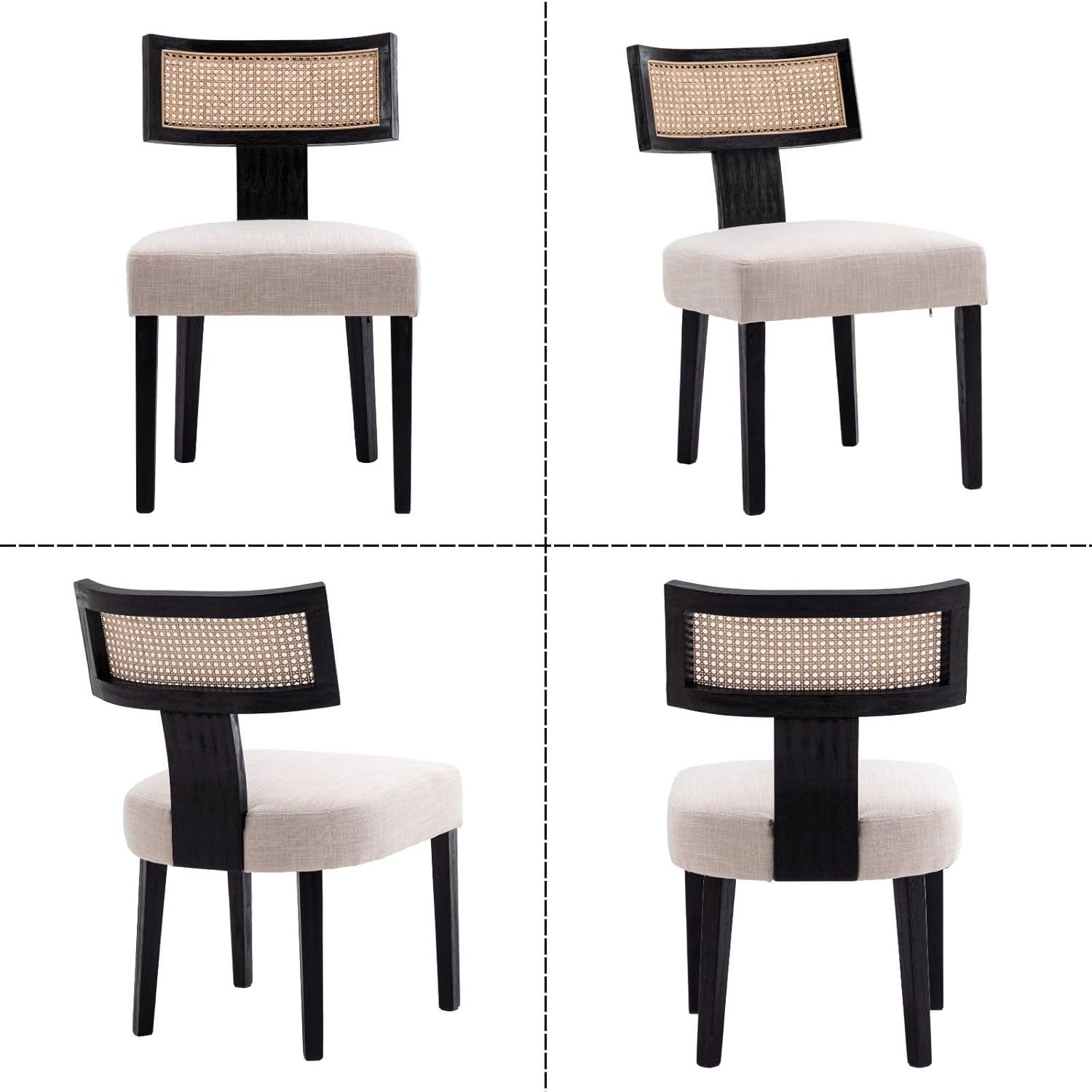 Retro Rattan Dining Chairs Set of 2 Upholstered Wood Kitchen Chairs Black
