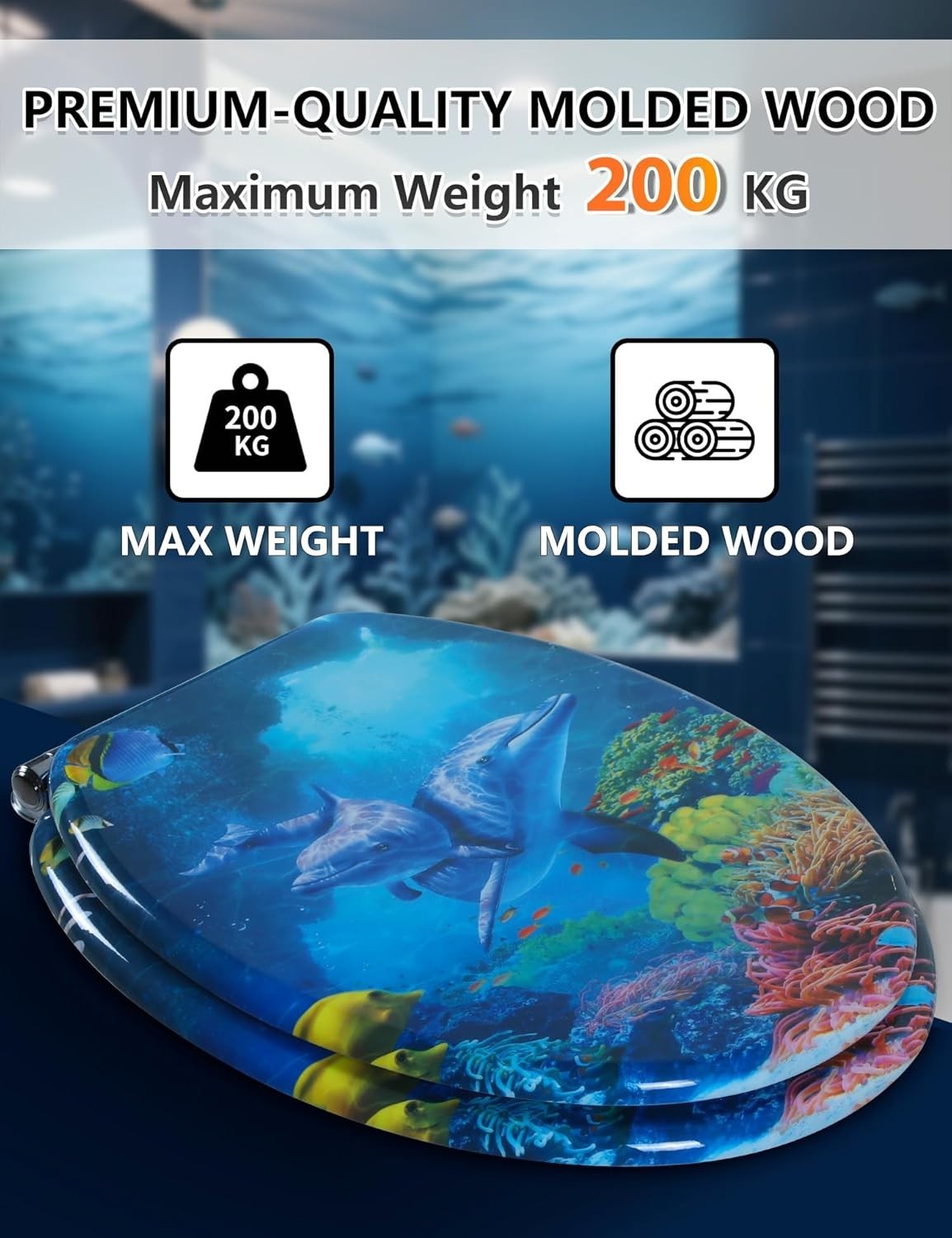 Wooden Toilet Seat O Shape Adjustable Top Fix Ocean Dolphin Family 45x37cm