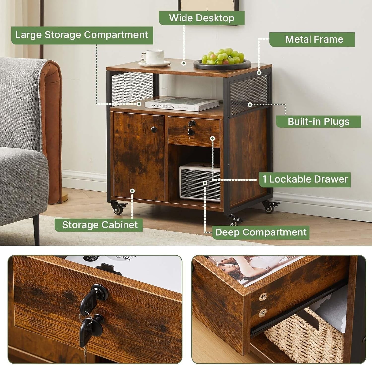 Industrial Mobile File Cabinet w/ Charging Station Lockable Drawer