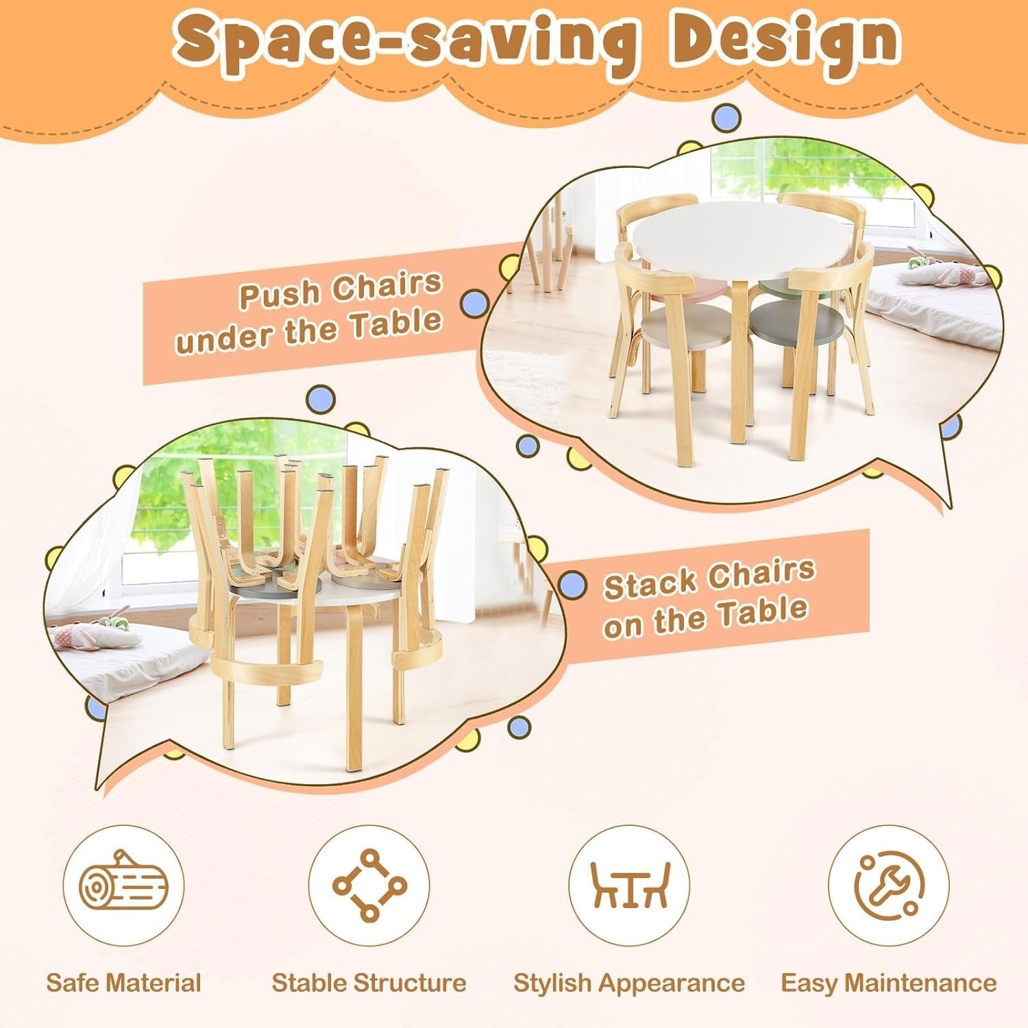 Kids Wooden Round Table & 4 Chairs Set Multicolor Ergonomic Playroom Desk
