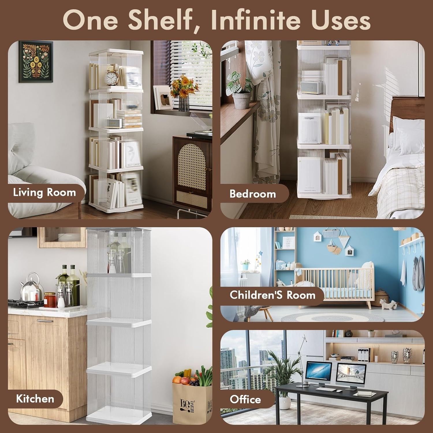 360° Rotating 4-Tier Bookshelf Tall Corner Storage Rack White Compact