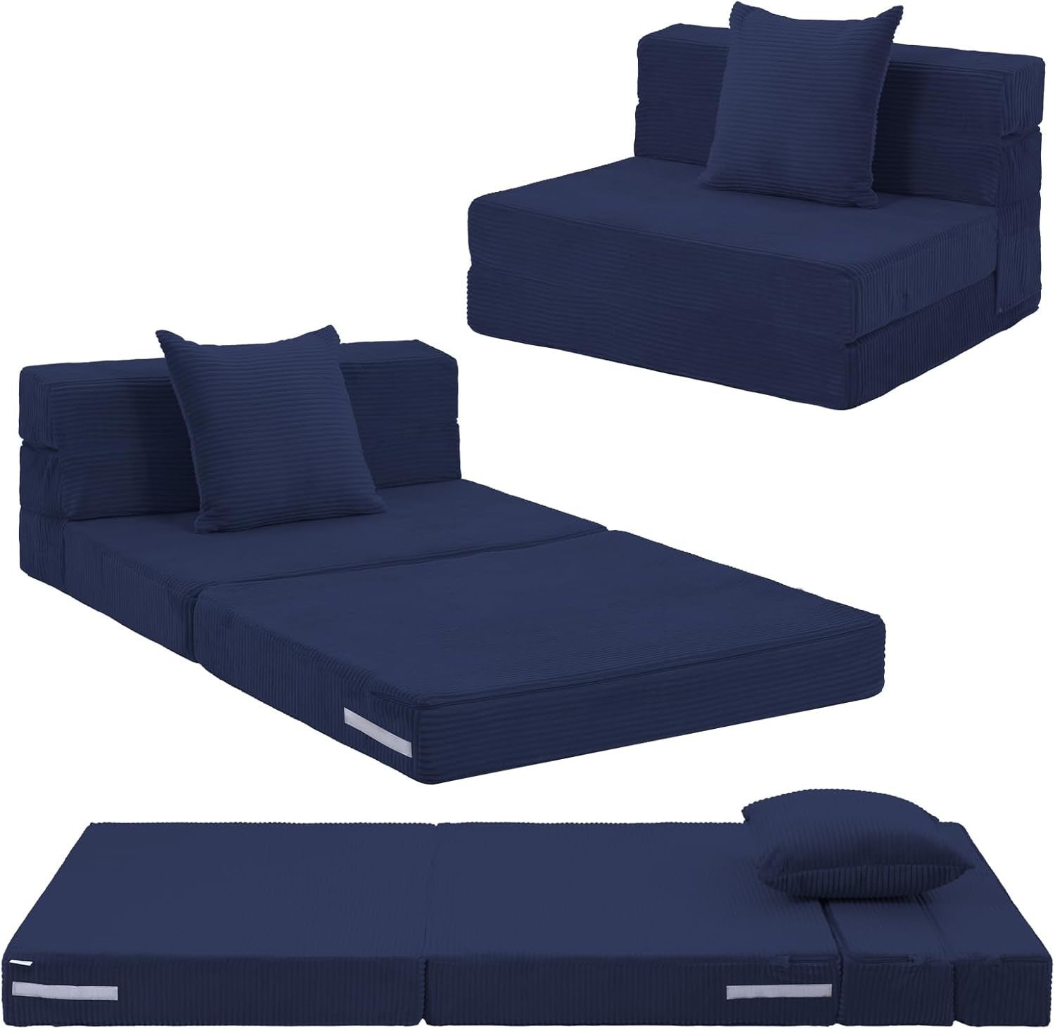 Fold Out Single Sofa Chair Bed Guest Mattress 3in1 Navy Corduroy Foam