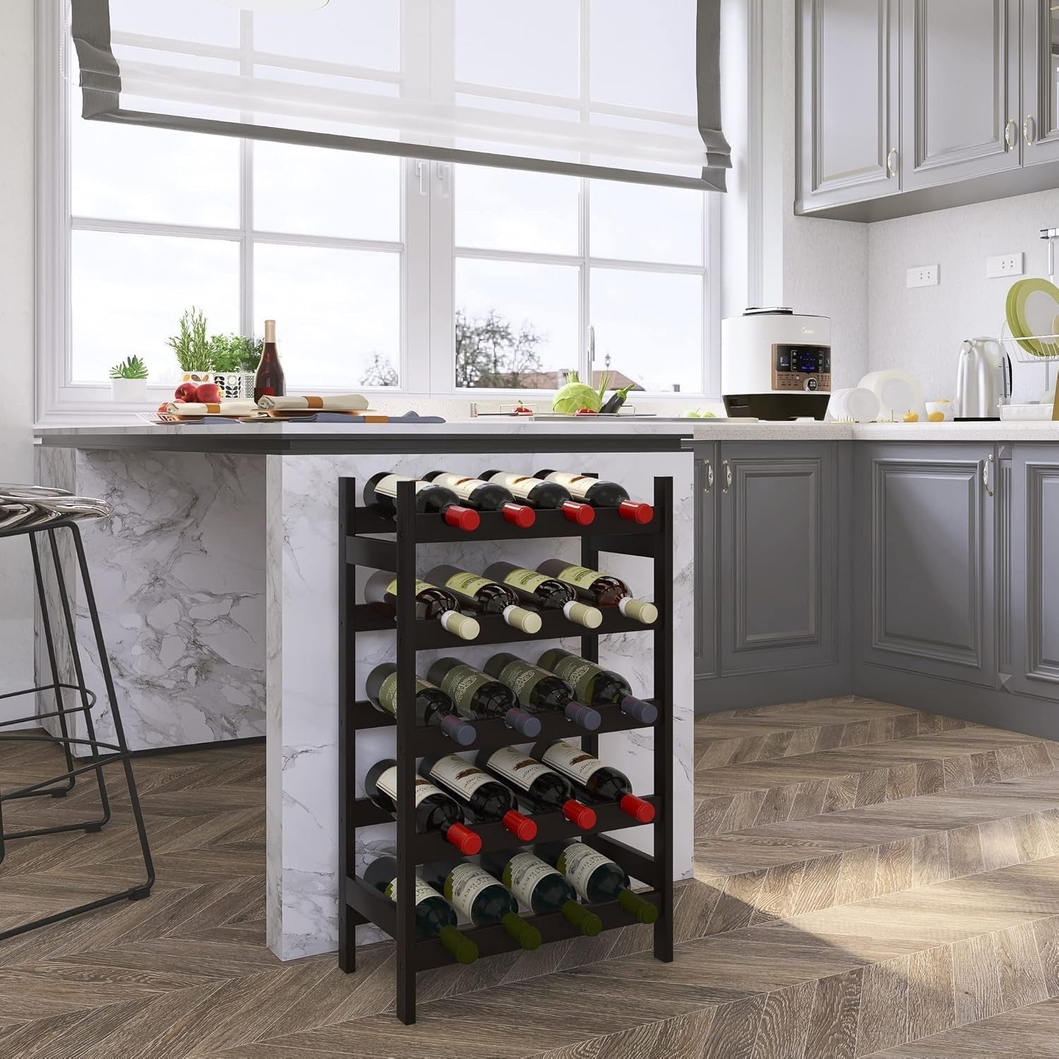 5 Tier Wooden Wine Rack 20 Bottle Storage Stand Free Standing Kitchen Pantry Bar