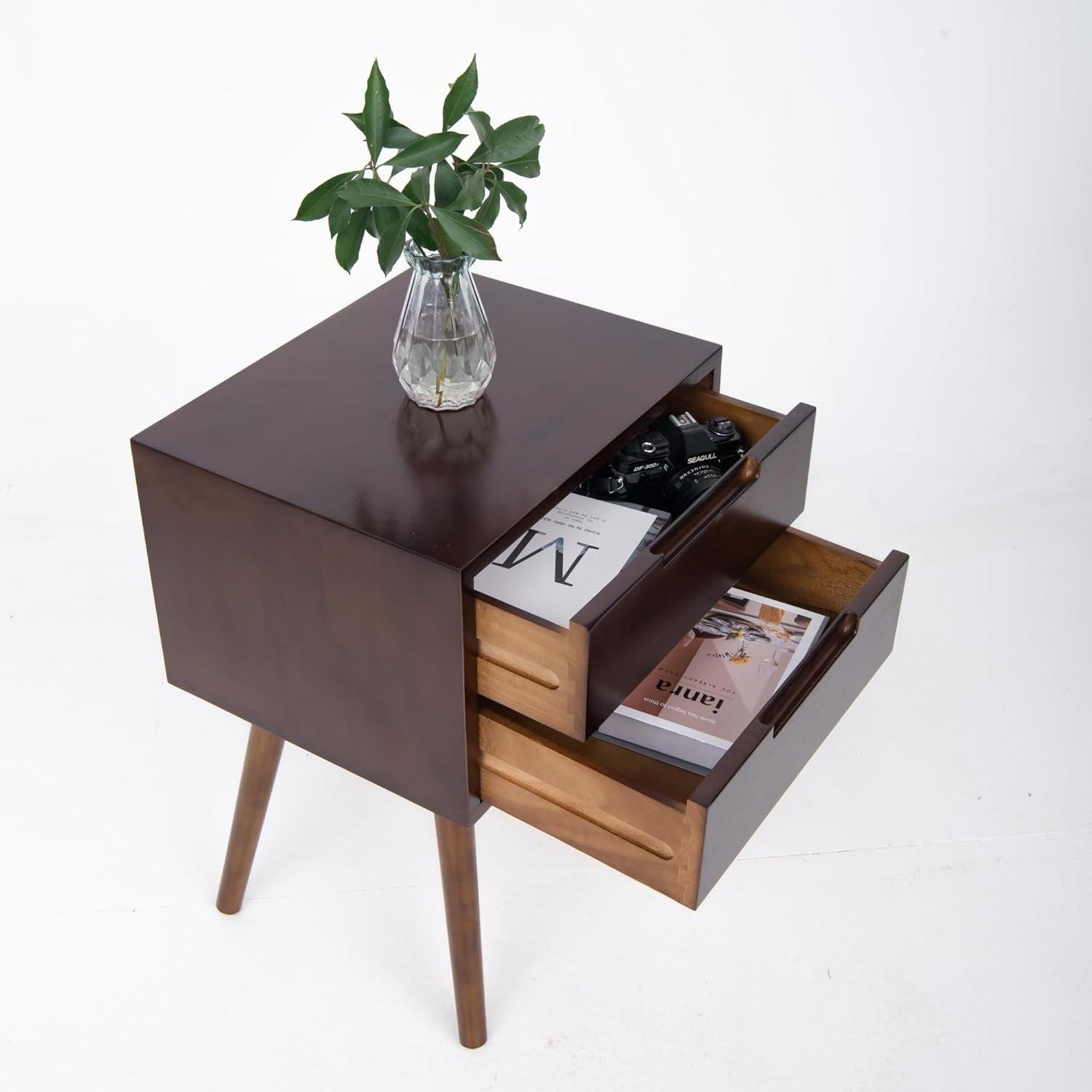 Modern Walnut Bedside Table with 2 Drawers Wooden Nightstand Bedroom Storage