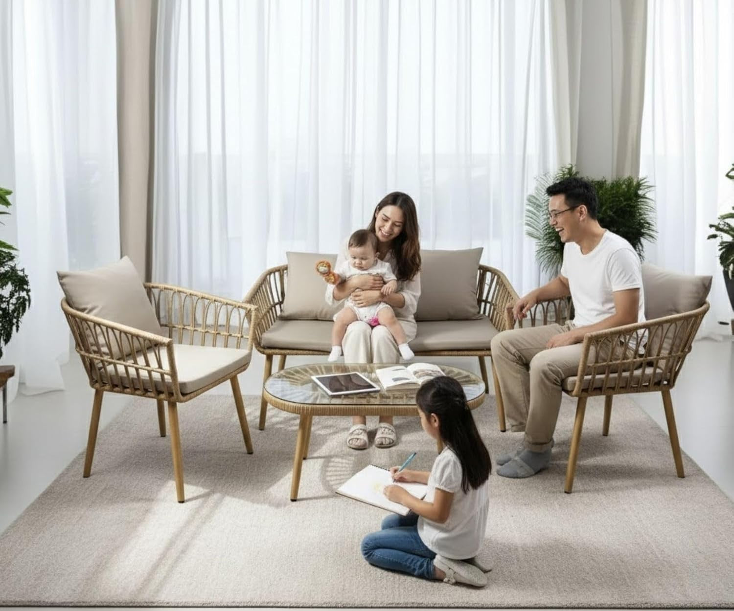 4PC Rattan Sofa Set Outdoor Garden Patio Lounge Chairs Table Cushions Cream
