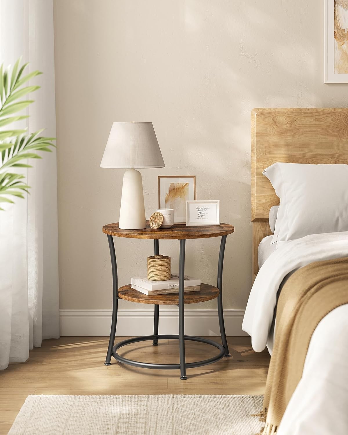 Industrial Round Side Table with 2 Shelves, Rustic Wood End Table for Bedroom