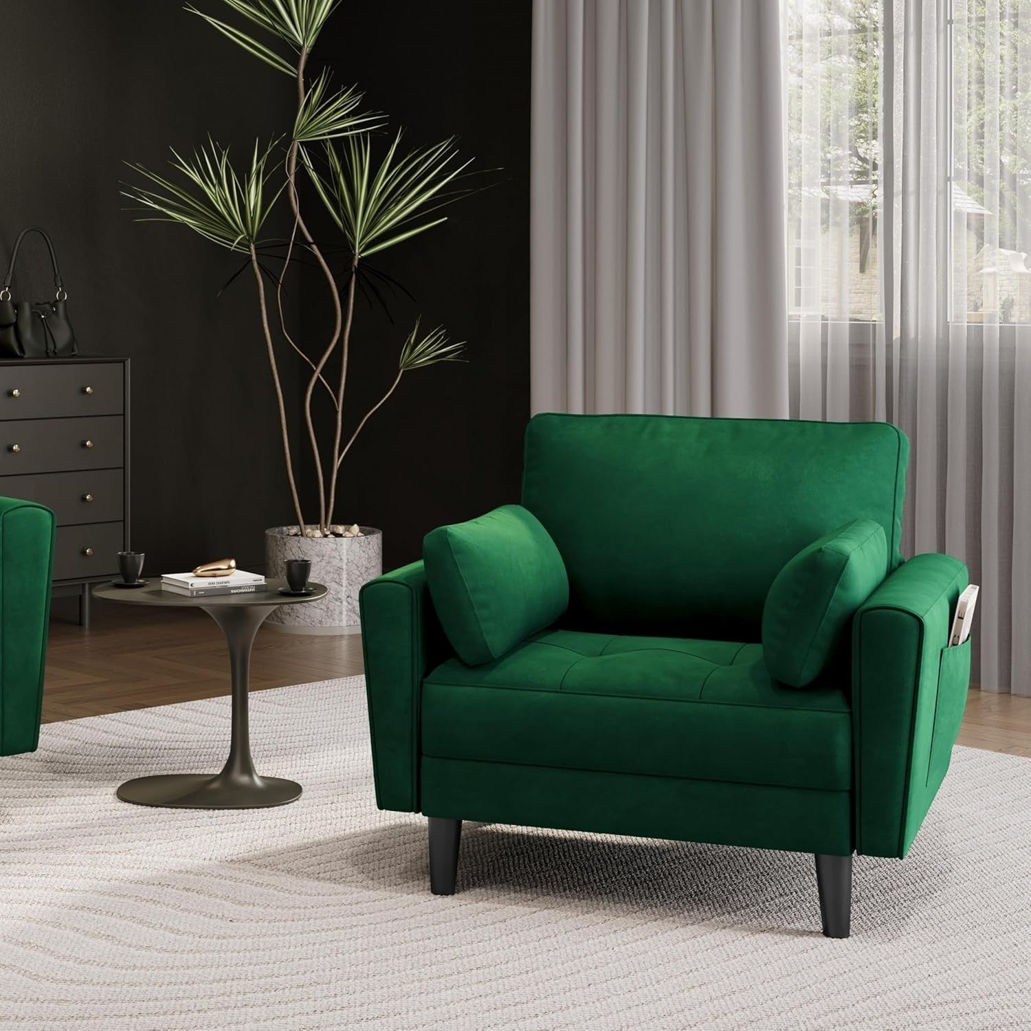 Green Velvet Tub Chair Oversized Accent Armchair with Pillows & Storage