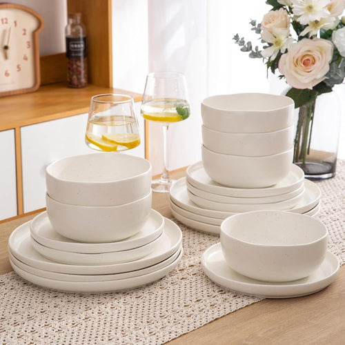 18pc Stoneware Dinner Set Wavy Rim Plates Bowls Matte Speckled White