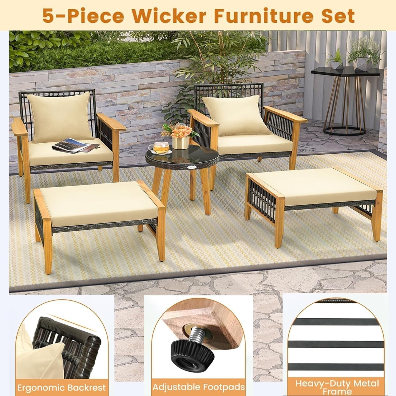 5 Piece Rattan Garden Sofa Set with Chairs Ottomans Glass Table Patio