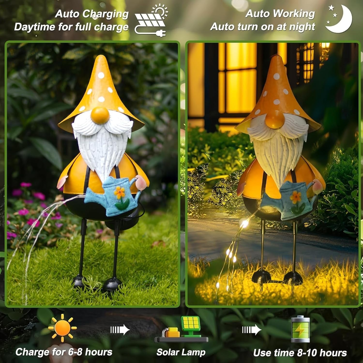 Solar Gnome Garden Ornaments Set of 2 Metal 18" Outdoor LED Watering Can Statues